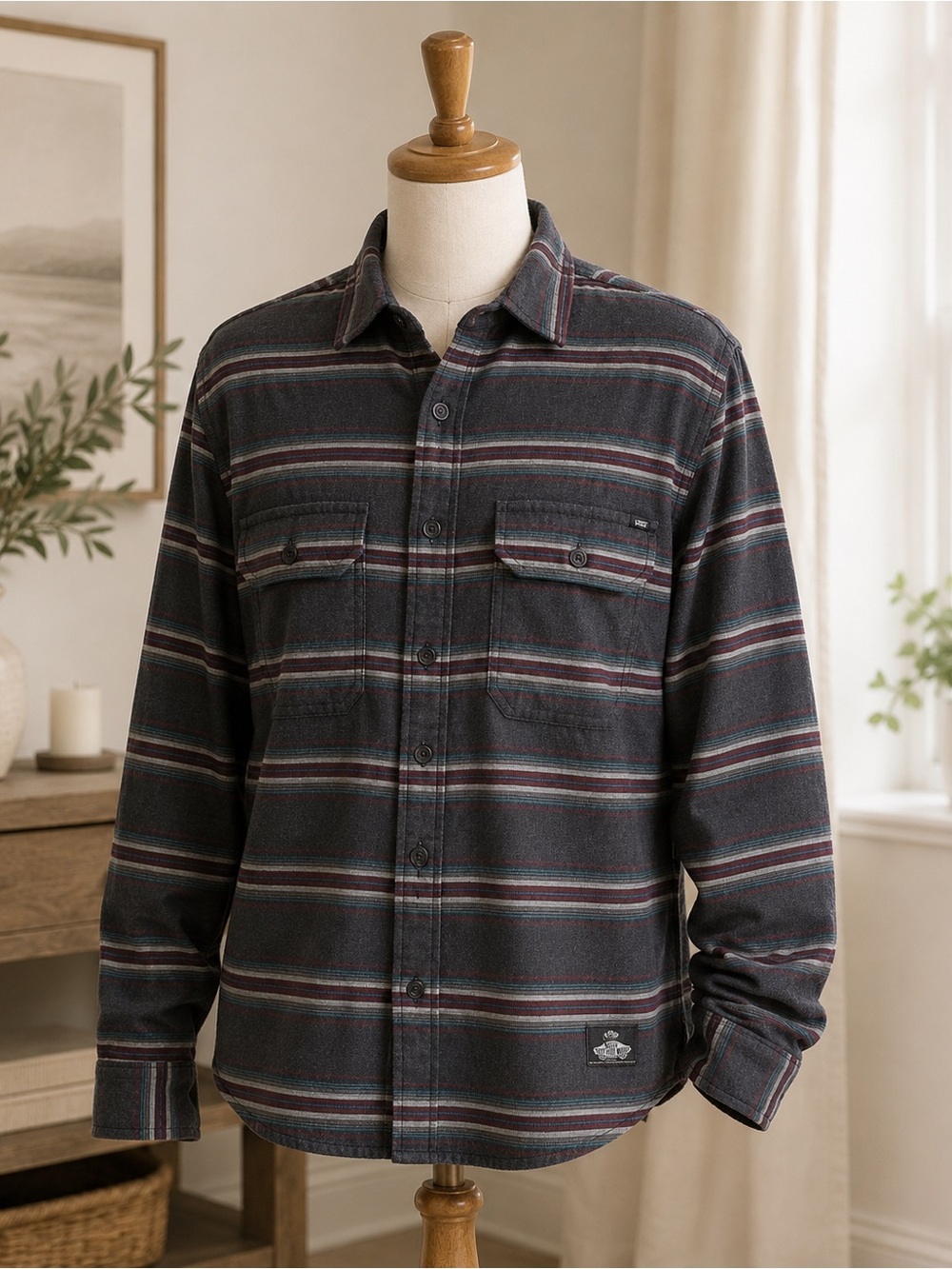 Vans Off The Wall Heavyweight Flannel Shirt Mens L Gray Stripe Button Up Soft